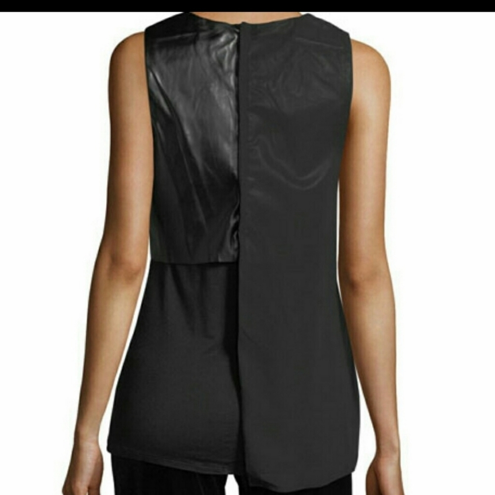 NWT! Joan Vass faux leather sheer overlay top